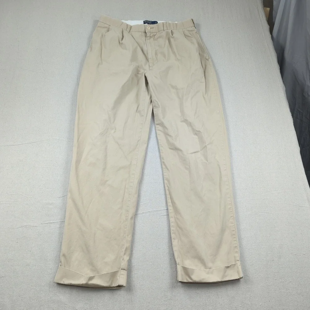 Vtg Polo‎ Ralph Lauren Pants Men 35x32 Khaki Hammond Pleated Cuffed Office